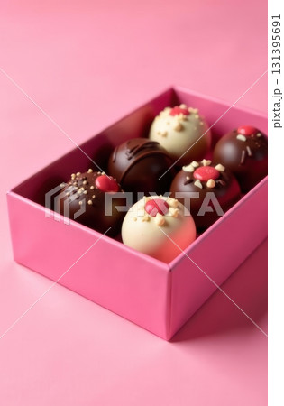 Delicious chocolate bonbons resting in pink gift box on pink background 131395691
