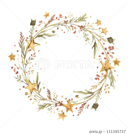 ゴールドと枝葉のクリスマスリース（水彩風フレーム） 131395737
