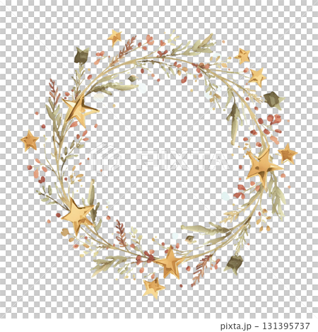 ゴールドと枝葉のクリスマスリース（水彩風フレーム） 131395737