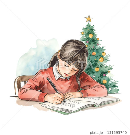 クリスマスツリーを背景に手紙を書く女の子(水彩風) クリスマスツリーを背景に手紙を書く女の子(水彩風) 131395740