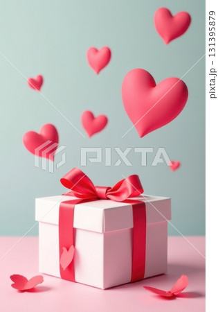 White gift box with red ribbon and floating hearts celebrating valentine's day 131395879