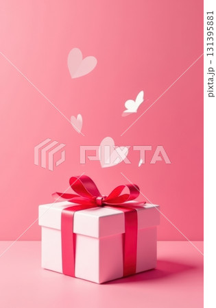 White gift box with red ribbon and floating hearts on pink background 131395881