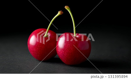 Two bright red cherries with green stems sit against a dark backdrop, highlighting their glossy texture and vibrant color 131395894