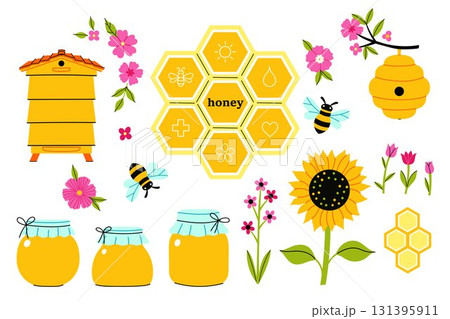 A set of graphics on the theme of honey and bees. Vector graphics. 131395911