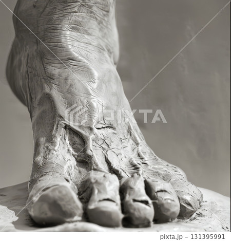 A close view of a finely crafted foot sculpture showcasing detailed textures and realism. The artist highlights anatomy 131395991