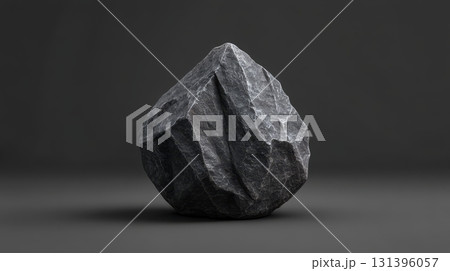 A dark stone sits on a smooth surface, illuminated against a dark background, showcasing its texture and color 131396057
