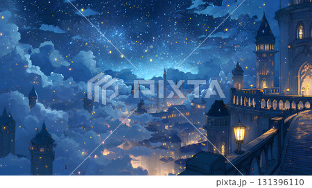雲海に浮かぶ幻想的な街並みと星空の風景 131396110