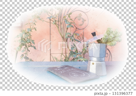 テーブルの上のマッキネッタ (エスプレッソマシン) 水彩画風 テーブルの上のマッキネッタ (エスプレッソマシン) 水彩画風 131396377