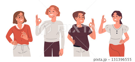 Cartoon people with positive gestures. Cheerful characters showing thumbs up and ok signs flat vector illustration set. Positive person communication gestures 131396555