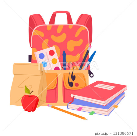 Middle school students backpack. School education elements, books and school supplies flat vector illustration. Cartoon kids school backpack Middle school students backpack. School education elements, books and school supplies flat vector illustration. Cartoon kids school backpack 131396571
