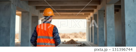 Construction worker wearing hardhat and safety vest inspecting construction site with copy space banner 131396744