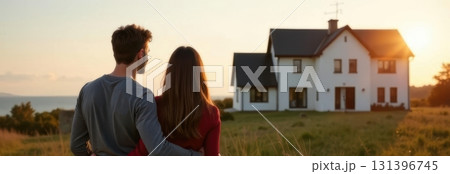 Happy homeowners looking at their new property at sunset 131396745