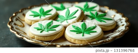 Cannabis cookies with marijuana leaf decoration on elegant plate: promoting legalization and medical use with copy space 131396768