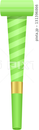 Cartoon illustration of a green party horn with light green stripes and a gold center accent. 131396866