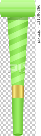 Cartoon illustration of a green party horn with light green stripes and a gold center accent. 131396866
