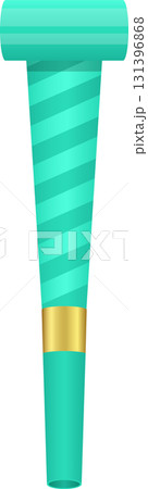 Cartoon illustration of a striped turquoise party blower with a gold band against black background. Cartoon illustration of a striped turquoise party blower with a gold band against black background. 131396868