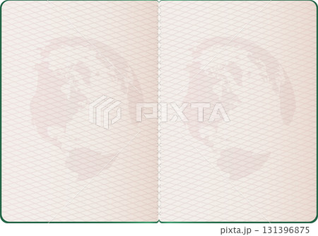 Open passport displaying a world map watermark on textured paper, ready for international travel 131396875