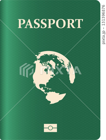 Green passport cover featuring a world map icon and personal identification security feature. 131396876