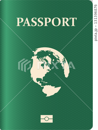 Green passport cover featuring a world map icon and personal identification security feature. 131396876