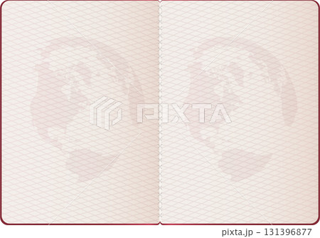Open passport with world map background, emphasizing travel, identity, and international journeys. 131396877