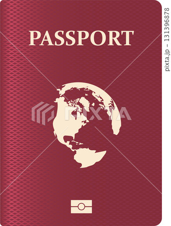 Burgundy passport with globe design symbolizes international travel and identity verification. 131396878