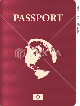 Burgundy passport with globe design symbolizes international travel and identity verification. 131396878