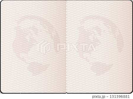 Open book spreads show a light-colored, textured surface suggesting a world map design. 131396881