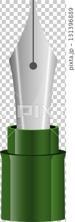 A silver fountain pen nib attached to a cylindrical, dark green pen body, set on black background. A silver fountain pen nib attached to a cylindrical, dark green pen body, set on black background. 131396889