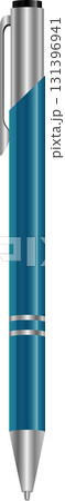 Illustration of a click-top pen with a blue body, silver accents, and a pocket clip. 131396941