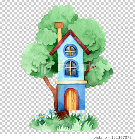 Cute tree house. Watercolor illustration for children. Clip art 131397075