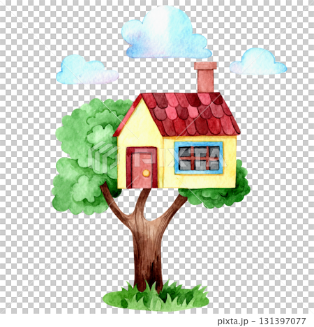 Cute tree house. Watercolor illustration for children. Clip art 131397077