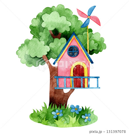 Cute tree house. Watercolor illustration for children. Clip art 131397078