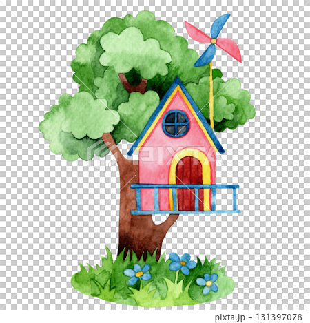 Cute tree house. Watercolor illustration for children. Clip art 131397078