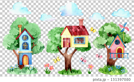A collection of cute tree houses. Watercolor illustrations for children. 131397080