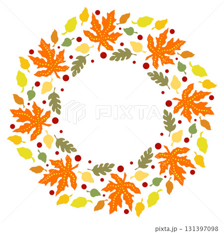 Autumn wreath of colorful leaves and berries. Kaleidoscope floral round ornament of leaves. Bright autumnal plant illustration Autumn wreath of colorful leaves and berries. Kaleidoscope floral round ornament of leaves. Bright autumnal plant illustration 131397098