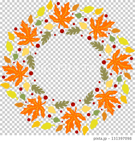 Autumn wreath of colorful leaves and berries. Kaleidoscope floral round ornament of leaves. Bright autumnal plant illustration Autumn wreath of colorful leaves and berries. Kaleidoscope floral round ornament of leaves. Bright autumnal plant illustration 131397098