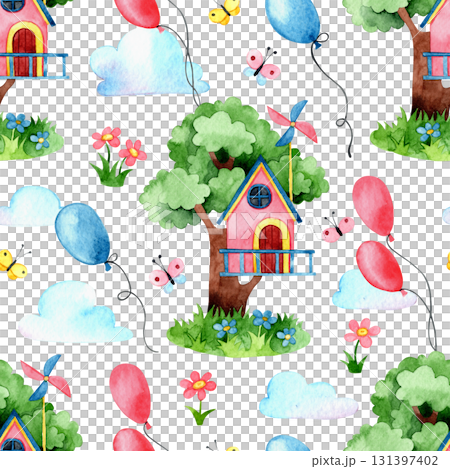 Seamless pattern with cute tree houses. Watercolor illustration for children 131397402