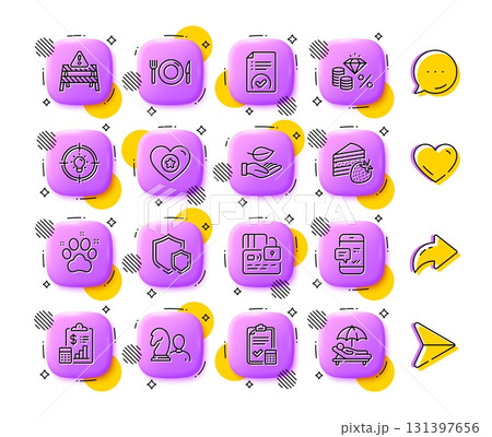 Heart, Shields and Money tax line icons. App 3d buttons. Social media comment, share, like icons. Pack of Warning road, Leaf, Accounting checklist icon. Report, Card, Pet friendly pictogram. Vector 131397656