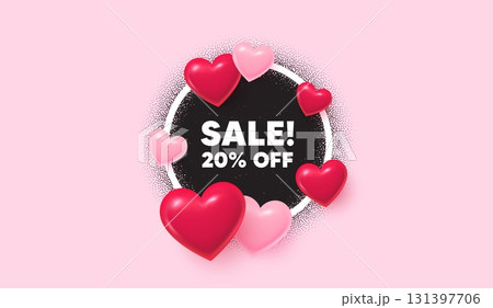 Sale picture frame banner. Circle photo frame. Sale 20 percent off discount. Promotion price offer sign. Retail badge symbol. 3d hearts balloons. Grain dots pattern. Vector Sale picture frame banner. Circle photo frame. Sale 20 percent off discount. Promotion price offer sign. Retail badge symbol. 3d hearts balloons. Grain dots pattern. Vector 131397706