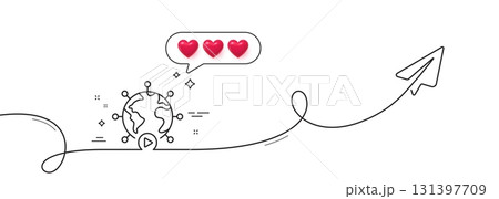 Virtual conference line icon. Continuous line with share plane. Online training sign. Web presentation symbol. Hearts rate review in speech bubble. Video conference single line ribbon. Vector Virtual conference line icon. Continuous line with share plane. Online training sign. Web presentation symbol. Hearts rate review in speech bubble. Video conference single line ribbon. Vector 131397709