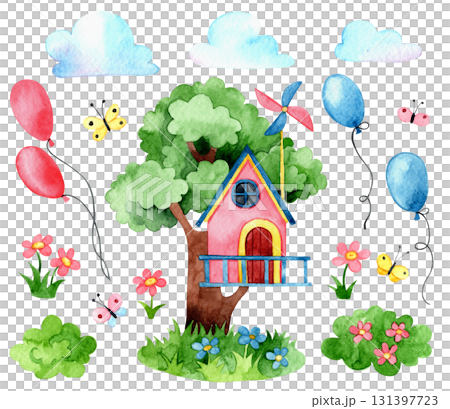 Cute watercolor illustration of a tree house, balloons, and flowers. Collection of clip art for kids Cute watercolor illustration of a tree house, balloons, and flowers. Collection of clip art for kids 131397723