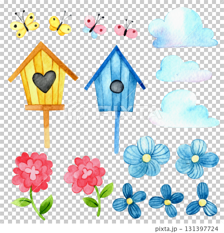 Cute watercolor illustration of birdhouses and spring flowers. A collection of clip art for kids. 131397724