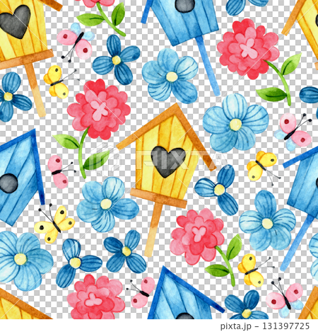 Seamless pattern with birdhouses and spring flowers. Cute watercolor print for kids. Seamless pattern with birdhouses and spring flowers. Cute watercolor print for kids. 131397725