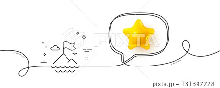 Mountain flag line icon. Continuous line with 3d star. Goal challenge sign. Leadership symbol. 3d star in speech bubble. Mountain flag single line ribbon. Loop curve pattern. Vector Mountain flag line icon. Continuous line with 3d star. Goal challenge sign. Leadership symbol. 3d star in speech bubble. Mountain flag single line ribbon. Loop curve pattern. Vector 131397728