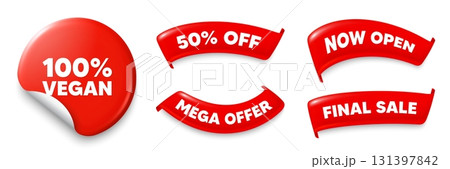Vegan food sticker, Sale offer ribbons. Now open, Mega discount. 100 percent vegan tag. Organic bio food sign. Vegetarian product symbol. Red sticker tag. Flag ribbon banners. Vector 131397842