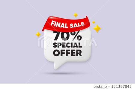 Discount chat speech bubble. Final sale flag ribbon. 70 percent discount offer tag. Sale price promo sign. Special offer symbol. 3d sparkle stars speech bubble. Vector 131397843