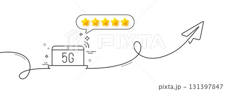 5g notebook line icon. Continuous line with share plane. Wireless technology sign. Mobile wifi internet symbol. Five star rate review in speech bubble. 5g notebook single line ribbon. Vector 5g notebook line icon. Continuous line with share plane. Wireless technology sign. Mobile wifi internet symbol. Five star rate review in speech bubble. 5g notebook single line ribbon. Vector 131397847