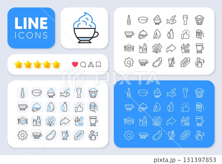 Popcorn, Food delivery and Bowl dish line icons for web app. Message, Share, Like social media icons. Pack of Restaurant app, Romantic dinner, Water bottle pictogram icons. Vector 131397853