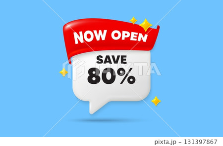 Discount chat speech bubble. Now open flag ribbon. Save 80 percent off tag. Sale Discount offer price sign. Special offer symbol. 3d sparkle stars speech bubble. Vector 131397867