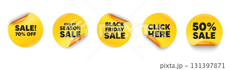 Sale sticker tag. 50 percent discount, Black friday paper price banners. Sale 70 percent off discount. Promotion price offer sign. Retail badge symbol. Click here sticker. Vector Sale sticker tag. 50 percent discount, Black friday paper price banners. Sale 70 percent off discount. Promotion price offer sign. Retail badge symbol. Click here sticker. Vector 131397871